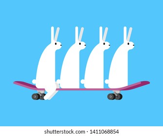 Hares on skateboard. Rabbits on board. Group bunnys Skateboarder