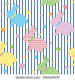 Hares pattern with an ornament on a striped background, color vector illustration on a white background, print textile