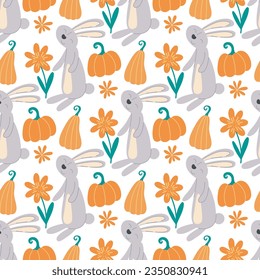 Hares with pumpkins autumn seamless pattern