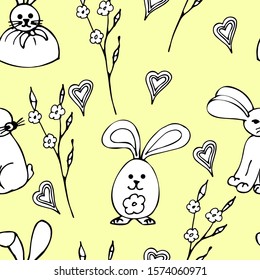 Hares and pussy-willow twigs. Seamless festive background, hand-drawn. Light isolated background. Design for poster, postcard, print. Stock vector illustration.Line art, doodle