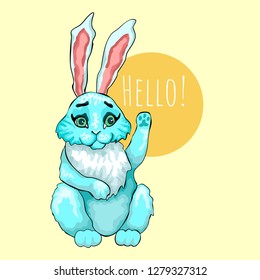 Hares or rabbit, animal are the symbol of Easter. The rabbit says Hello and waving his paw Cute illustration, fantastic character