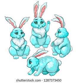 Hares or rabbits, animals are the symbol of Easter. Four wounded poses of characters, running, sitting, greeting and standing