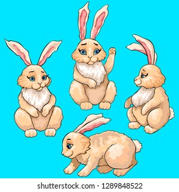 Hares or rabbits, animals are the symbol of Easter. Four poses of characters, running, sitting, greeting and standing
