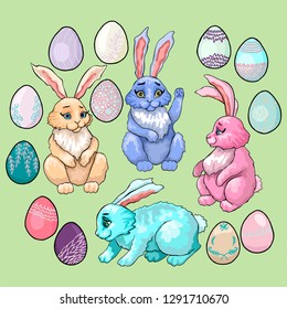 Hares or rabbits, animals are the symbol of Easter. Four wounded poses of characters, running, sitting, greeting and standing. Easter eggs of different colors around