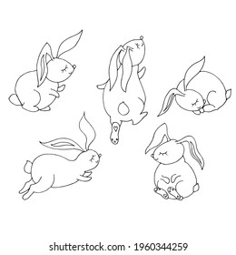 Hares, rabbits in different poses. Linear vector drawing.