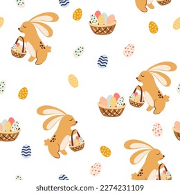 Hares rabbits and Easter eggs seamless pattern. Cartoon cute animals in hand-drawn doodle style. Perfect for wallpaper, scrapbooking and print. Vector cartoon illustration. 