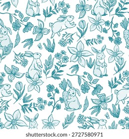 Lebres, coelhos em flores padrão sem costura, ilustração vetorial