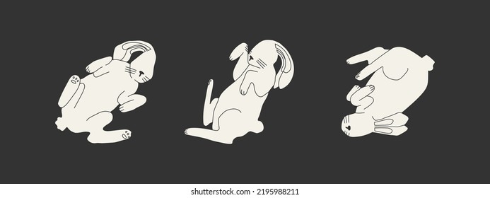 Hares or rabbits flying, meditating or jumping, in various poses. Symbol of 2023 bunnies on a black background. Vector trend isolated illustration for design.