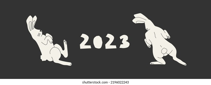 Hares or rabbits flying, meditating or jumping, in different poses around the number 2023. Symbol of 2023 bunnies on a black background. Minimalistic vector banner.