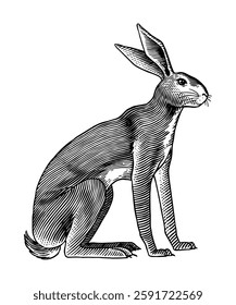 hares or rabbits sitting and jumping, in old vintage traditional style, hand drawn made by pen and ink. big set of engraved wild farm animals for labels or web design