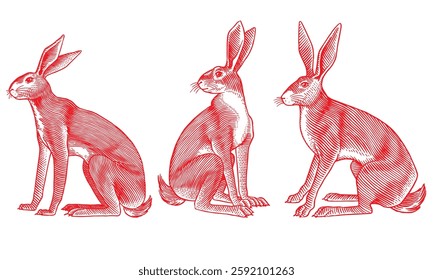 hares or rabbits sitting and jumping, in old vintage traditional style, hand drawn made by pen and ink. big set of engraved wild farm animals for labels or web design