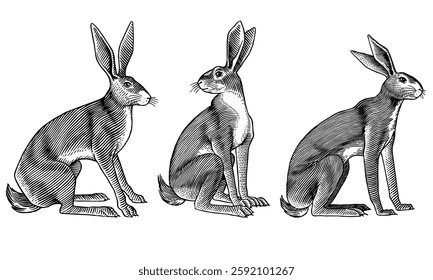 hares or rabbits sitting and jumping, in old vintage traditional style, hand drawn made by pen and ink. big set of engraved wild farm animals for labels or web design