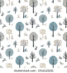hares rabbits and trees on a white background vector seamless pattern