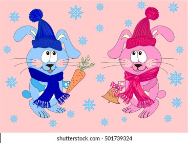 Hares and rabbits in winter clothes under snow.