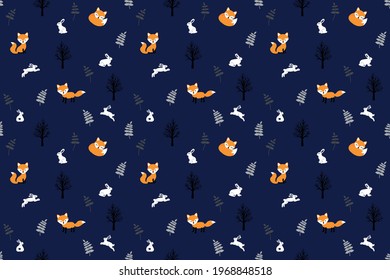 hares white and red foxes in the night forest on a dark blue background vector seamless pattern