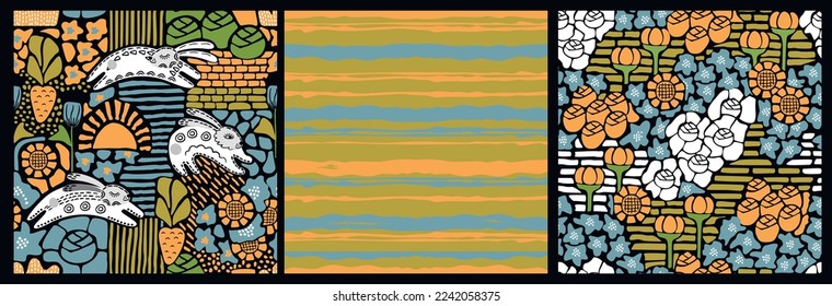 Hares,meadow vegetation and stripes patterns.Set of seamless backgrounds with jumping rabbits, sunflowers, carrots,flowers and lines.Stylized print on fabric and paper.Vector hand drawn illustration.
