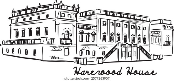 Harewood House, Leeds, England black and white ink sketch. Stunning Georgian mansion with elegant architecture and gardens. Historic landmark illustration. Tourism, travel