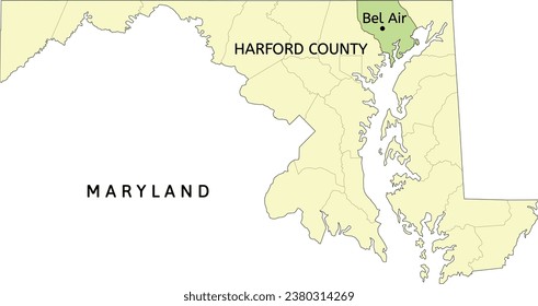 Ubicación del condado de Harford y la ciudad de Bel Air en el mapa estatal de Maryland