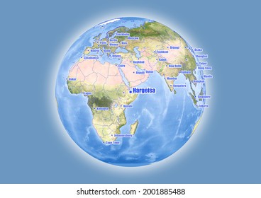 Hargeisa-Somaliland is shown on vector globe map. The map shows Hargeisa-Somaliland 's location in the world.