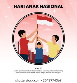 Hari Anak Nasional ou Journée des enfants indonésiens avec des enfants tenant un drapeau ensemble