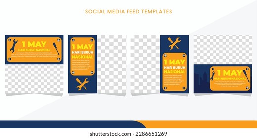 Hari Buruh nasional. Feed social media vector for ads, web ads, business messages, discount flyers and greeting.modern design orange and navy color.eps10