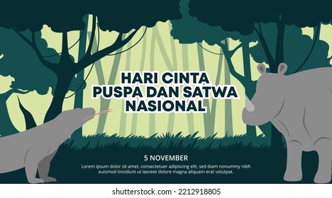 Hari cinta puspa dan satwa nasional or Indonesia national plant and animal love day with forest and animals