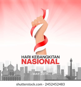 Hari Kebangkitan Nasional or Indonesian National Awakening Day with a hand and flag svg