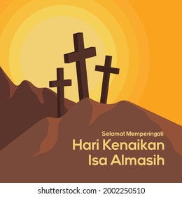 Hari Kenaikan Isa Almasih - Translation: Happy Ascension Day (with Three Cross on Mountain and Sunset Background) svg
