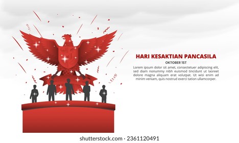 Hari Kesaktian Pancasila oder Pancasila Sanctity Day mit rotem Garuda und Helden