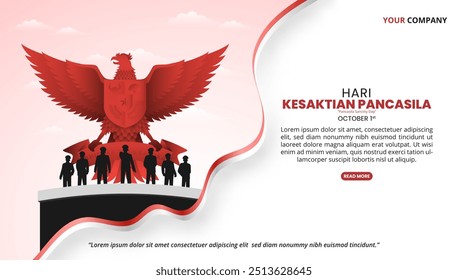 Hari Kesaktian Pancasila ou Pancasila Sanctity Day fundo com um Garuda e bandeira acenando