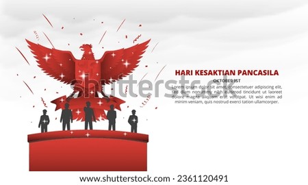 Hari Kesaktian Pancasila or Pancasila Sanctity Day with red garuda and heroes