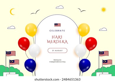 Hari Merdeka, Malaysia Independence Day minimalist design template with flat illustration.