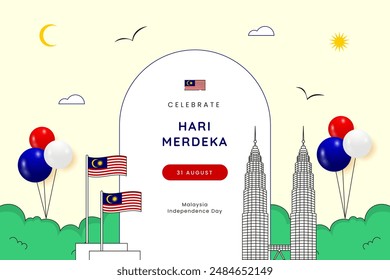 Hari Merdeka, Malaysia Independence Day minimalist design template with flat illustration.