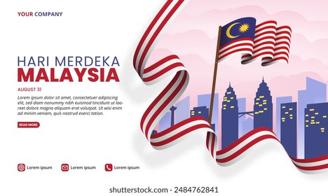 Hari Merdeka Malaysia or Malaysia Independence Day background with a waving flag and buildings