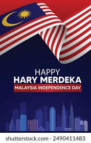 "Hari Merdeka Malaysia "Text bedeutet fröhlichen malaysischen Unabhängigkeitstag, Fahnenband mit Stadtbild Vektorgrafik Poster