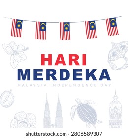 Hari Merdeka vector banner design with hand drawn Malaysian cultural elements