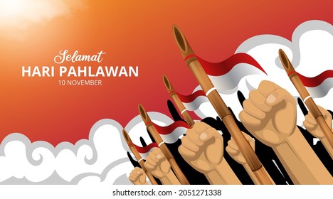 Hari Pahlawan Or Indonesia Heroes Day Background With Fist And Sharpen Bamboo Illustration