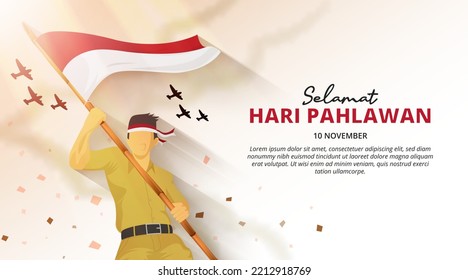 Hari pahlawan or Indonesian heroes day background with a soldier on a battlefield