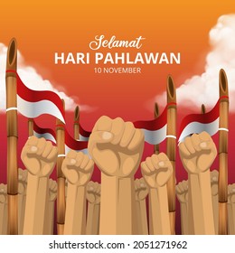 Hari Pahlawan Nasional Or Indonesia Heroes Day Background With Fist And Sharpen Bamboo Illustration