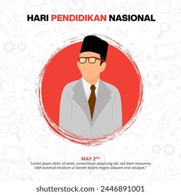 Hari Pendidikan Día Nacional de la Educación o Día Nacional de Indonesia con una ilustración de Ki Hajar Dewantara