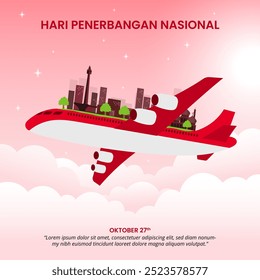 Hari Penerbangan Nasional Indonesia or Indonesian National Flight Day with an airplane and buildings