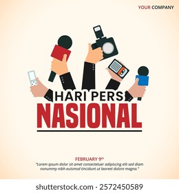 Hari Pers Nasional or Indonesian National Press Day with press hands and recorder tools