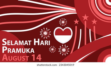 Hari Pramuka Day vector banner design. Happy Indonesia scout day modern minimal graphic poster illustration with retro geometric shapes, flag, firework and typography.