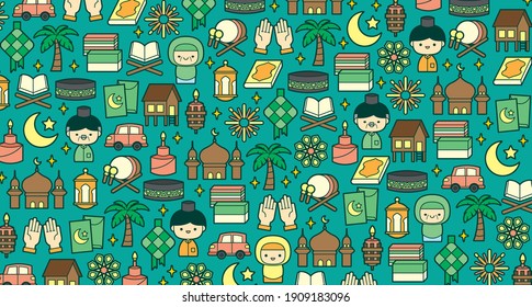 Hari Raya Aidilfitri background banner illustration with colourful flat traditional malay icon elements.