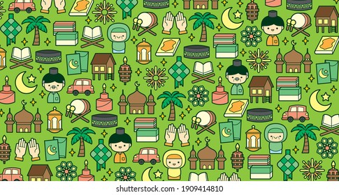 Hari Raya Aidilfitri background banner illustration with colourful flat traditional malay icon elements.