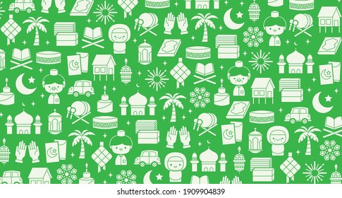 Hari Raya Aidilfitri background banner illustration with mono colour flat traditional malay icon elements.