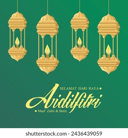 Hari Raya Aidilfitri background design with Oil Lamp. Malay means Fasting day celebration, I seek forgiveness, physically and spiritually.