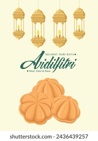 Hari Raya Aidilfitri background design with Kuih Raya. Malay means Fasting day celebration, I seek forgiveness, physically and spiritually.