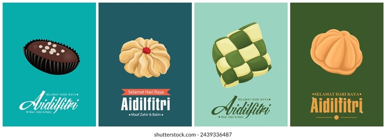 Hari Raya Aidilfitri background design with Almond London Cookies,Kuih Semperit,Ketupat, Kuih Bahulu. Malay means Fasting day celebration, I seek forgiveness, physically and spiritually.