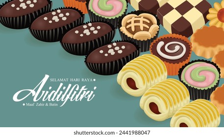 Hari Raya Aidilfitri background design with Kuih Raya. Malay means Fasting day celebration, I seek forgiveness, physically and spiritually.